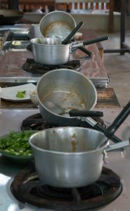 Dirty pots after cooking a meal